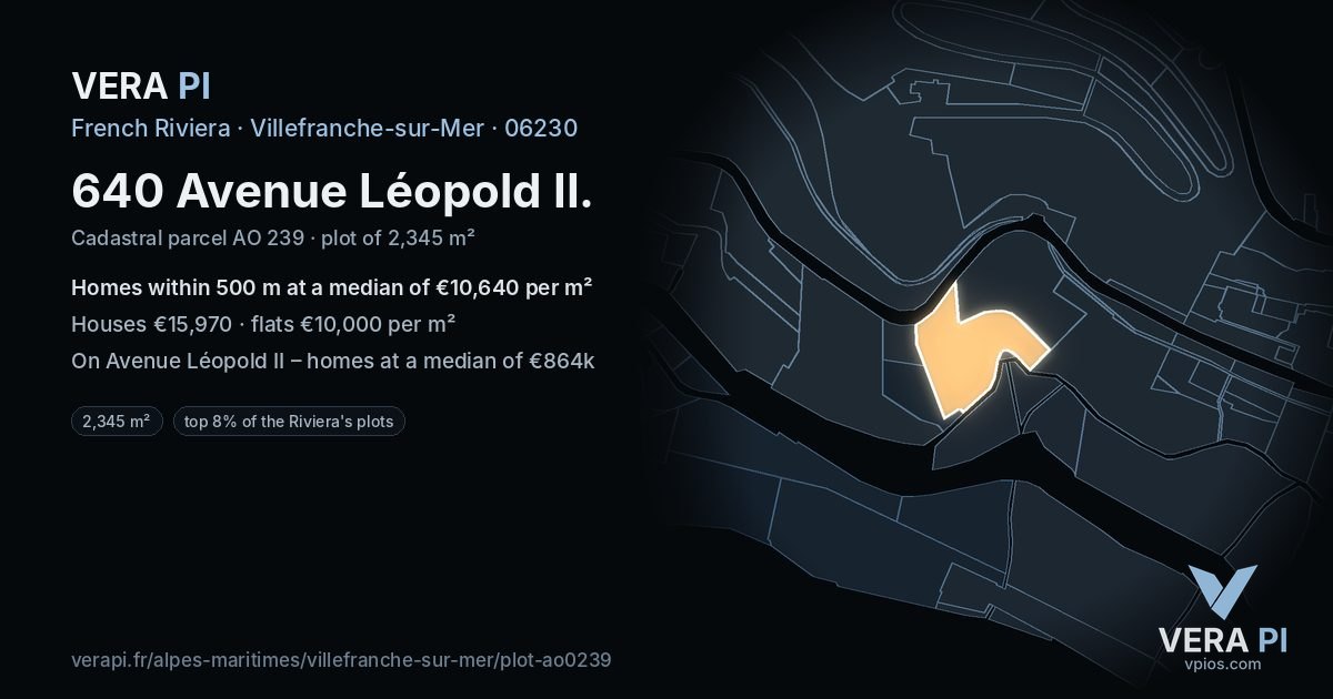 640 Avenue Léopold II, Villefranche-sur-Mer at night – the plot lit, the parcels around coloured by the prices near them