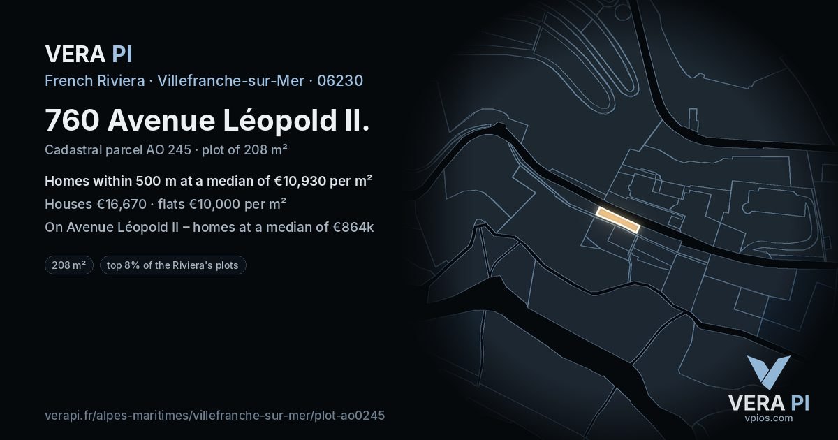 760 Avenue Léopold II, Villefranche-sur-Mer at night – the plot lit, the parcels around coloured by the prices near them