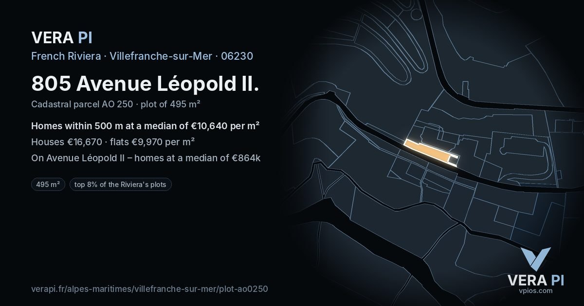 805 Avenue Léopold II, Villefranche-sur-Mer at night – the plot lit, the parcels around coloured by the prices near them