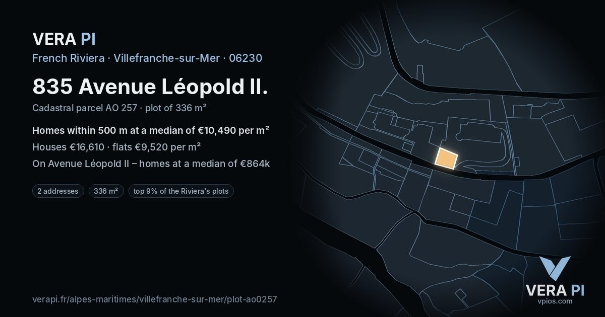 835 Avenue Léopold II, Villefranche-sur-Mer at night – the plot lit, the parcels around coloured by the prices near them