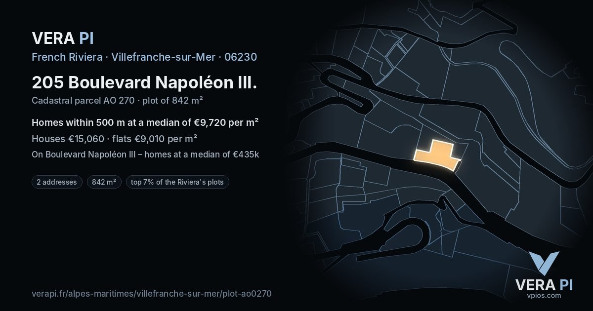 205 Boulevard Napoléon III, Villefranche-sur-Mer at night – the plot lit, the parcels around coloured by the prices near them