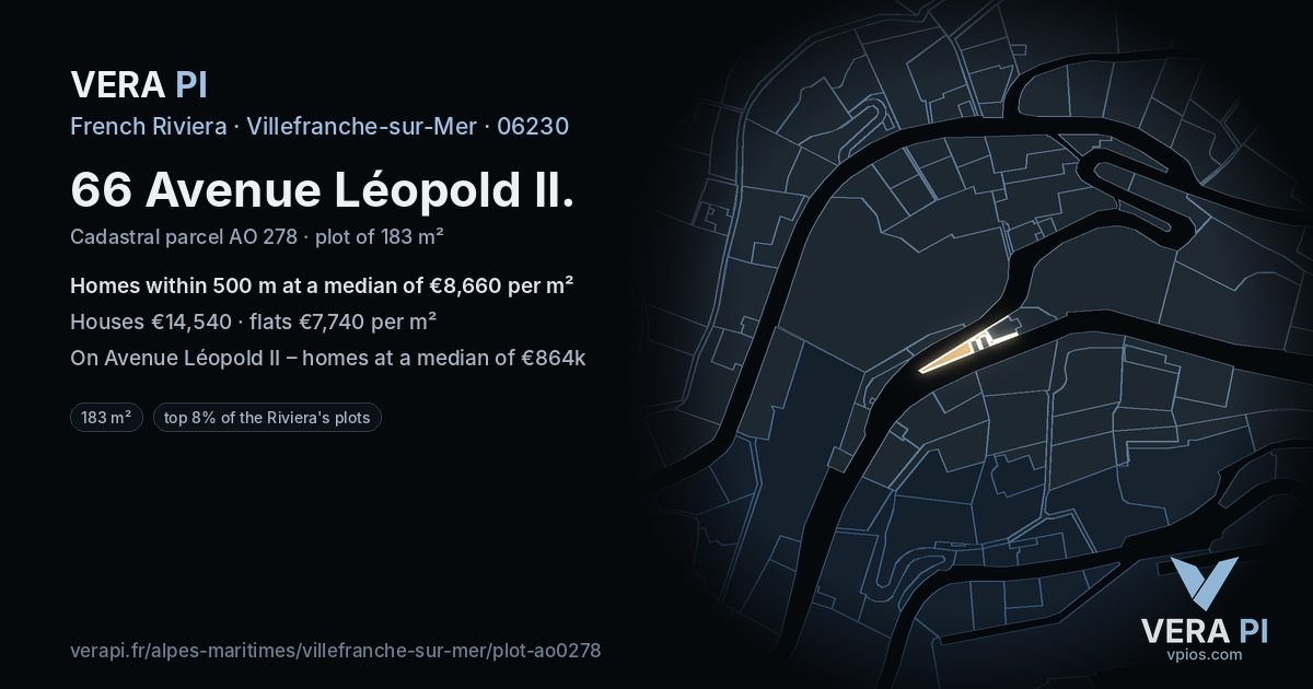 66 Avenue Léopold II, Villefranche-sur-Mer at night – the plot lit, the parcels around coloured by the prices near them