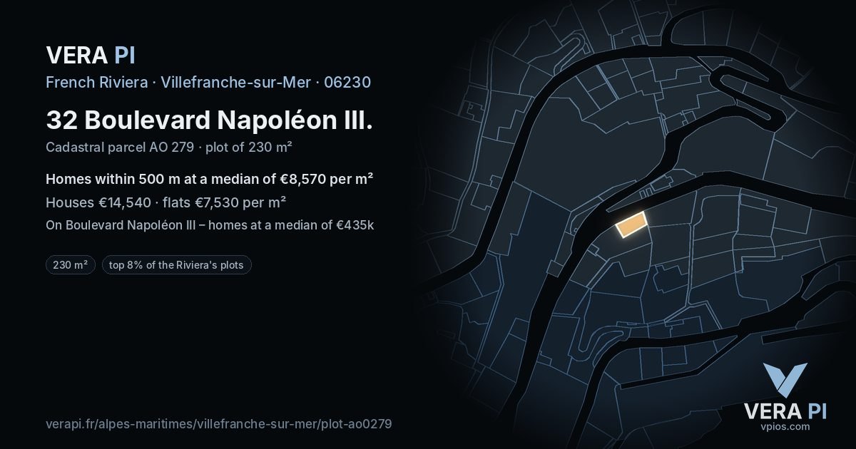 32 Boulevard Napoléon III, Villefranche-sur-Mer at night – the plot lit, the parcels around coloured by the prices near them