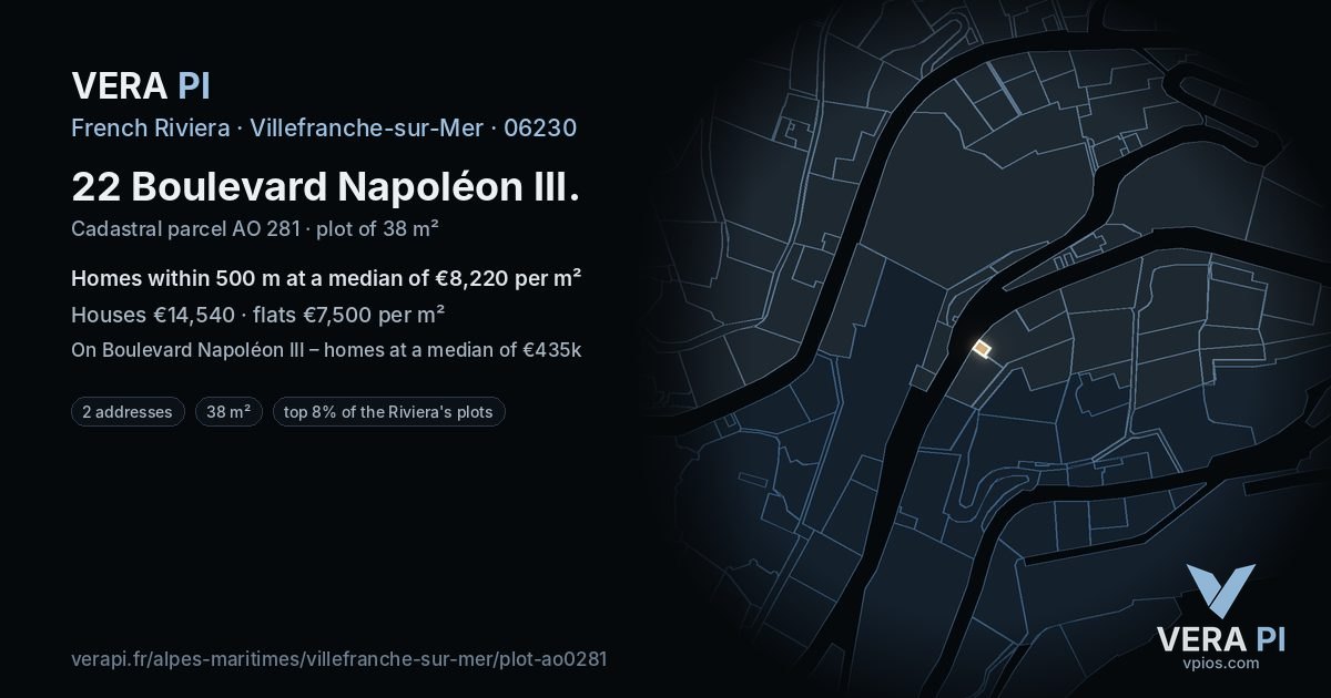 22 Boulevard Napoléon III, Villefranche-sur-Mer at night – the plot lit, the parcels around coloured by the prices near them