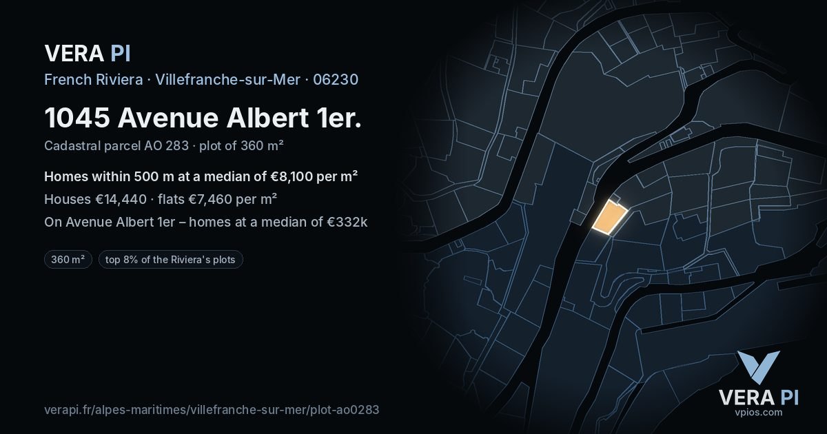 1045 Avenue Albert 1er, Villefranche-sur-Mer at night – the plot lit, the parcels around coloured by the prices near them
