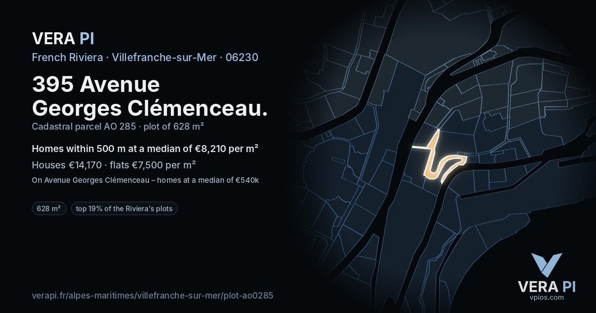 395 Avenue Georges Clémenceau, Villefranche-sur-Mer at night – the plot lit, the parcels around coloured by the prices near them