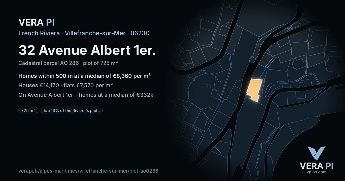 32 Avenue Albert 1er, Villefranche-sur-Mer at night – the plot lit, the parcels around coloured by the prices near them