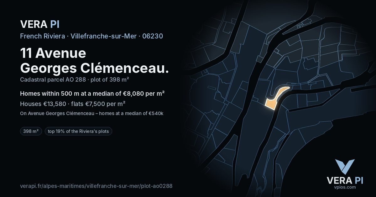 11 Avenue Georges Clémenceau, Villefranche-sur-Mer at night – the plot lit, the parcels around coloured by the prices near them
