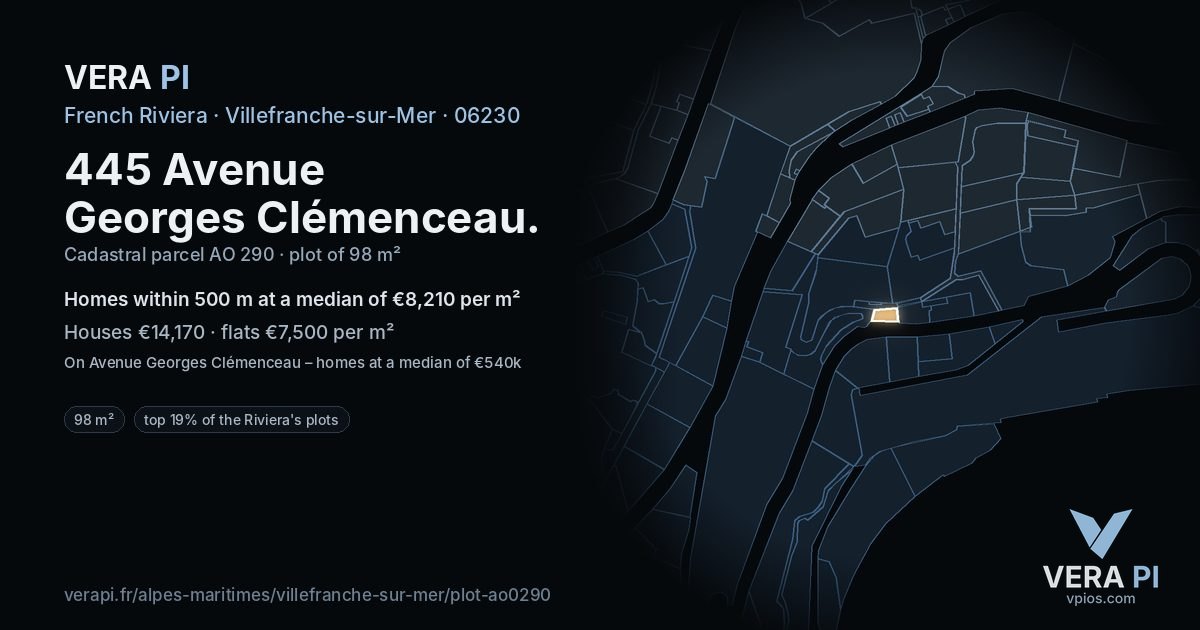 445 Avenue Georges Clémenceau, Villefranche-sur-Mer at night – the plot lit, the parcels around coloured by the prices near them