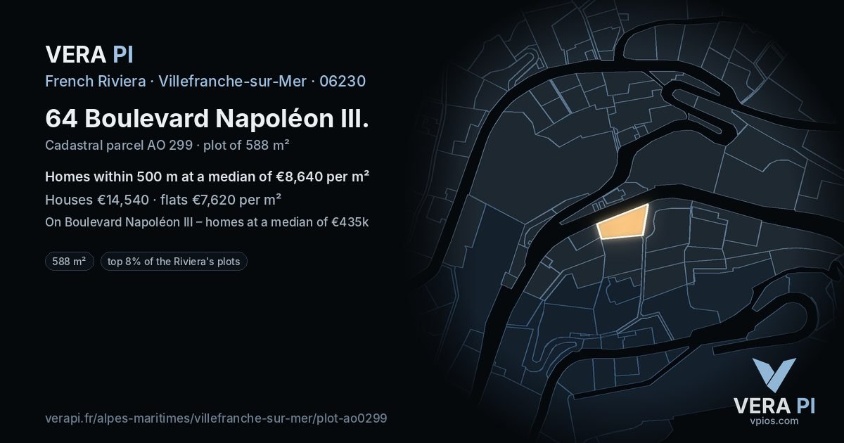 64 Boulevard Napoléon III, Villefranche-sur-Mer at night – the plot lit, the parcels around coloured by the prices near them