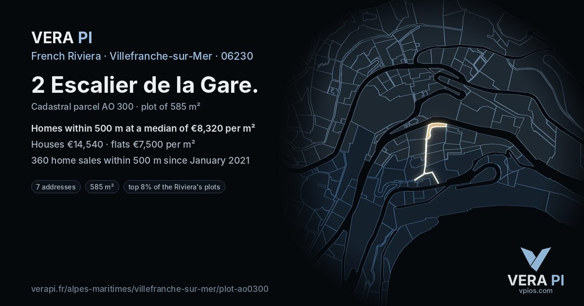 2 Escalier de la Gare, Villefranche-sur-Mer at night – the plot lit, the parcels around coloured by the prices near them