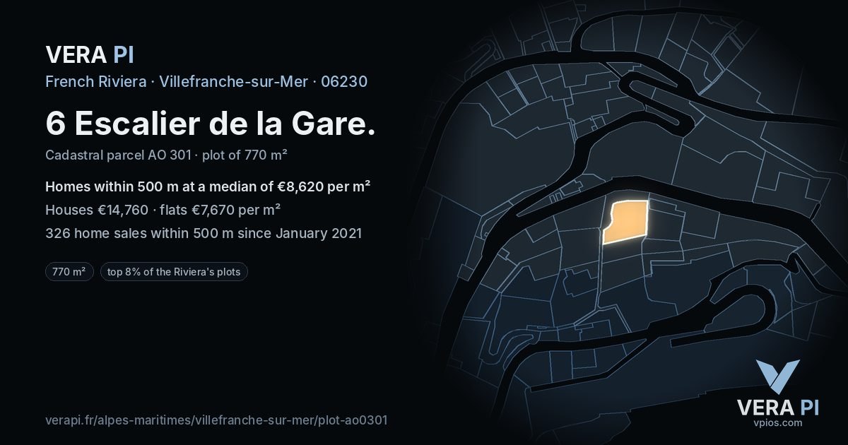 6 Escalier de la Gare, Villefranche-sur-Mer at night – the plot lit, the parcels around coloured by the prices near them