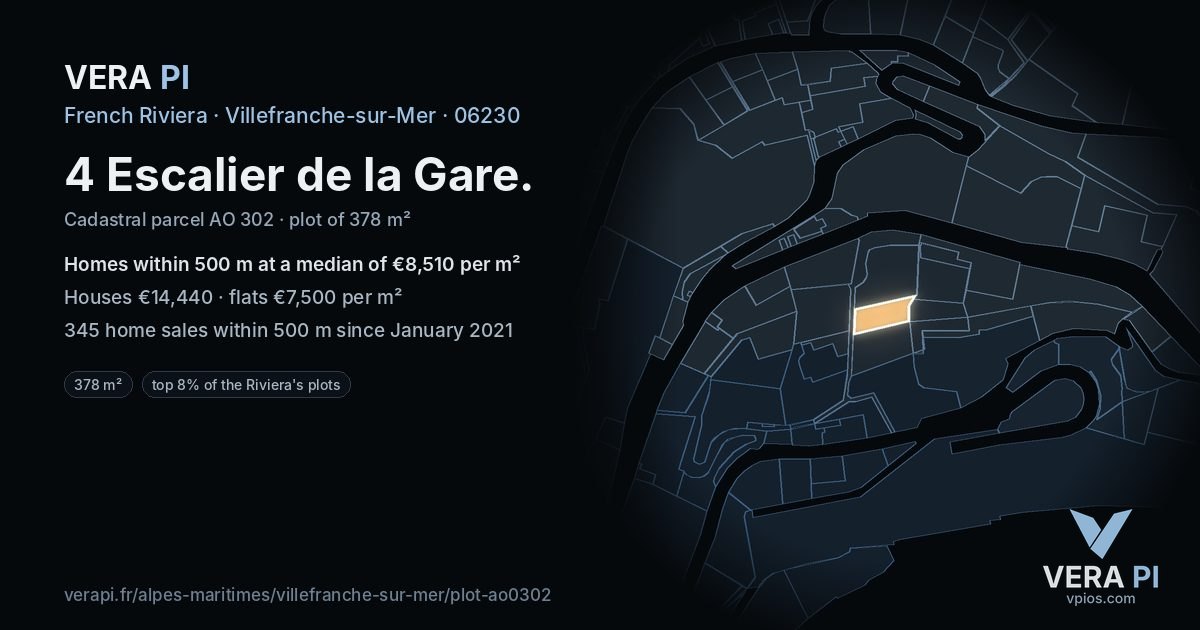 4 Escalier de la Gare, Villefranche-sur-Mer at night – the plot lit, the parcels around coloured by the prices near them