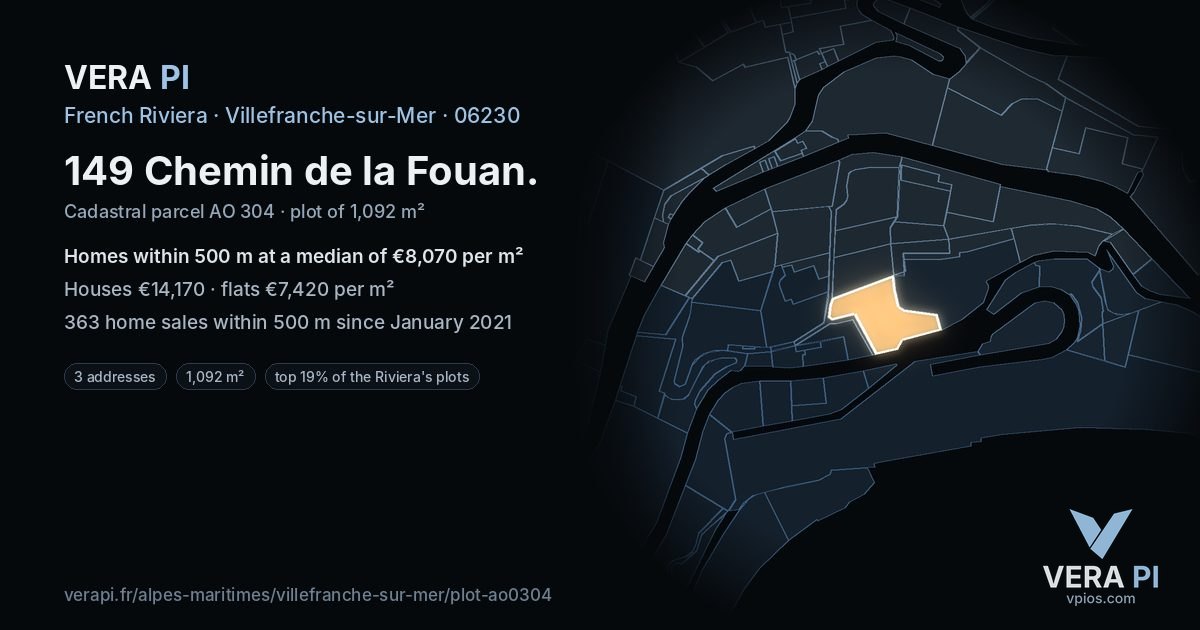 149 Chemin de la Fouan, Villefranche-sur-Mer at night – the plot lit, the parcels around coloured by the prices near them