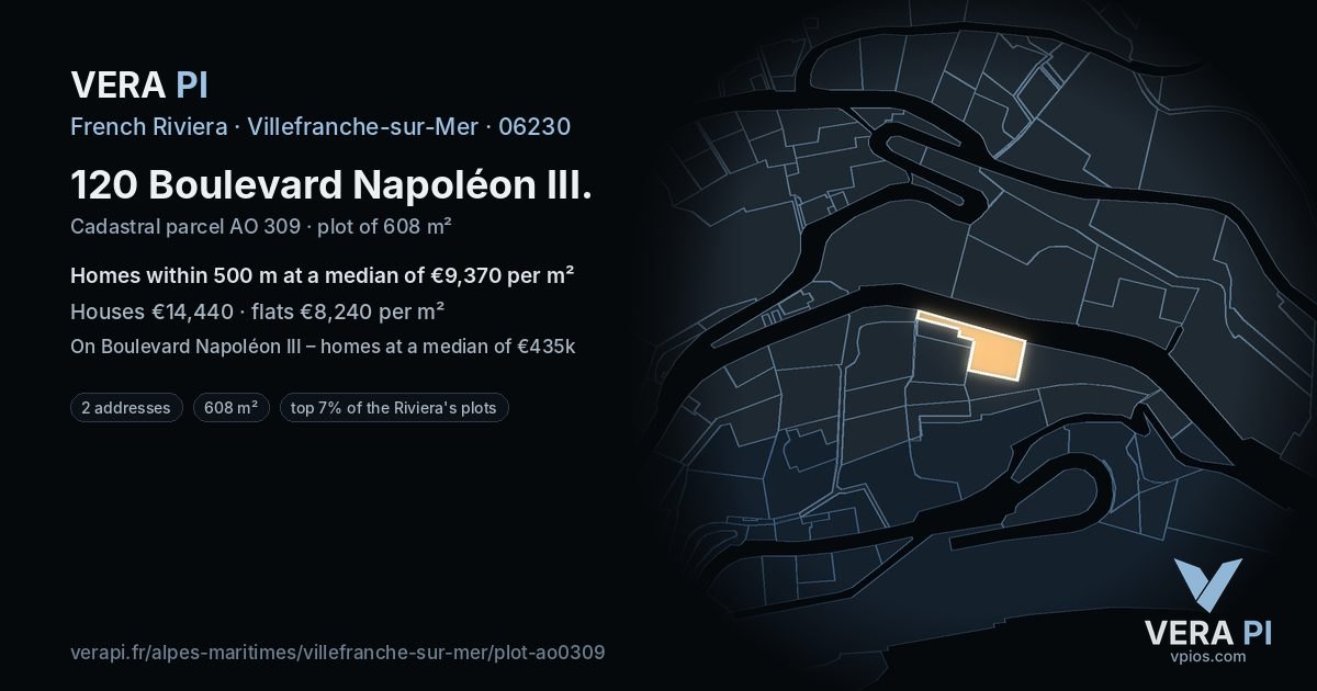 120 Boulevard Napoléon III, Villefranche-sur-Mer at night – the plot lit, the parcels around coloured by the prices near them