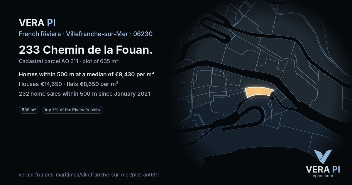 233 Chemin de la Fouan, Villefranche-sur-Mer at night – the plot lit, the parcels around coloured by the prices near them