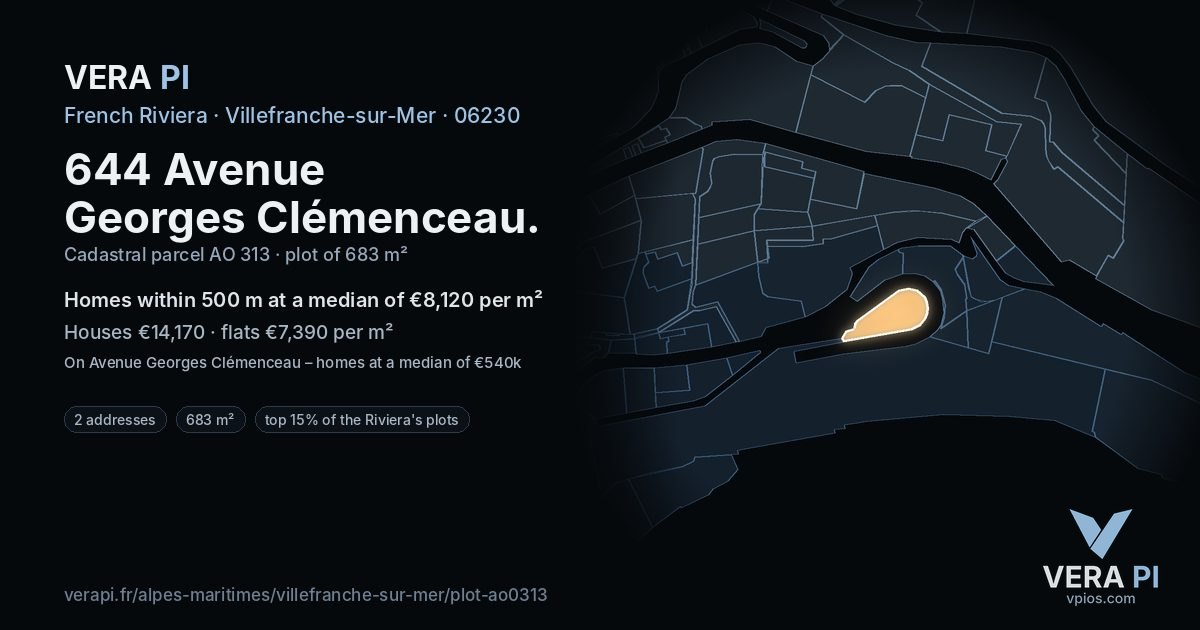 644 Avenue Georges Clémenceau, Villefranche-sur-Mer at night – the plot lit, the parcels around coloured by the prices near them