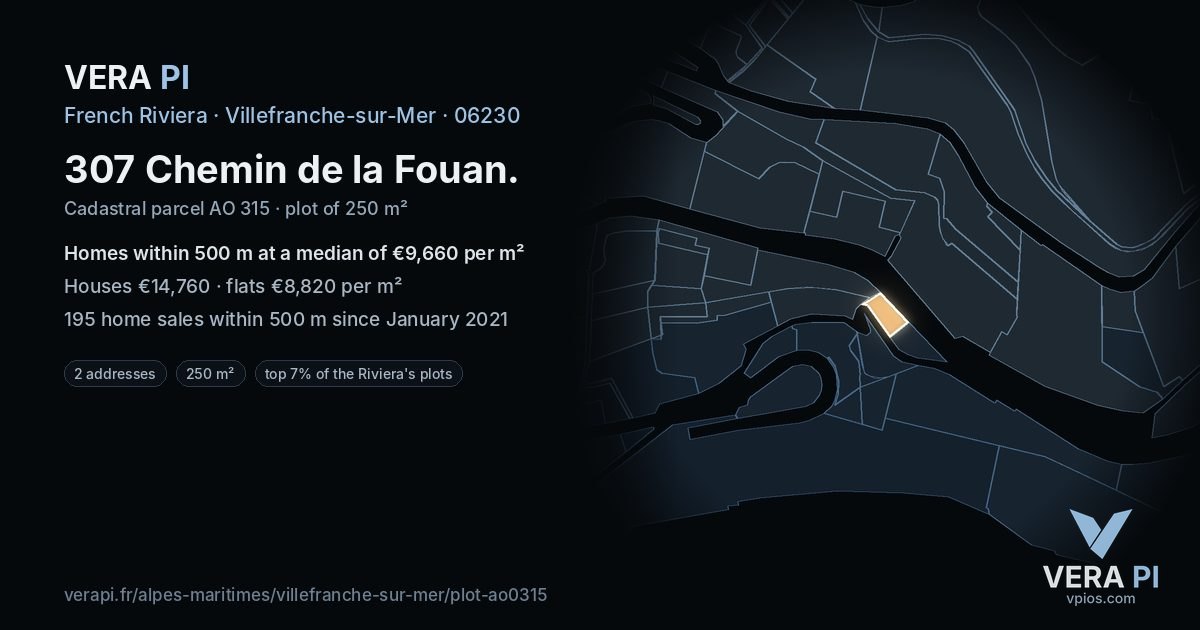 307 Chemin de la Fouan, Villefranche-sur-Mer at night – the plot lit, the parcels around coloured by the prices near them