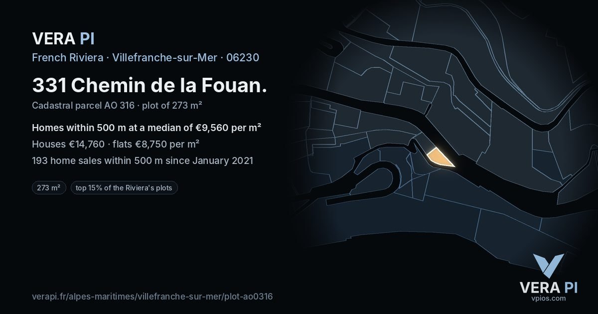 331 Chemin de la Fouan, Villefranche-sur-Mer at night – the plot lit, the parcels around coloured by the prices near them