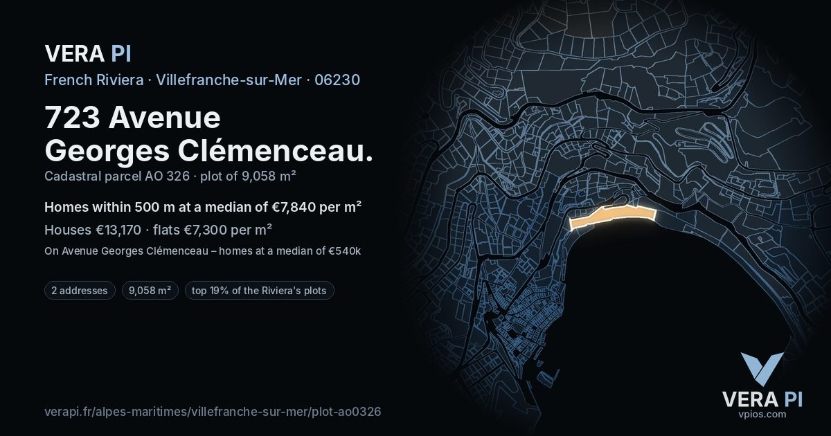 723 Avenue Georges Clémenceau, Villefranche-sur-Mer at night – the plot lit, the parcels around coloured by the prices near them