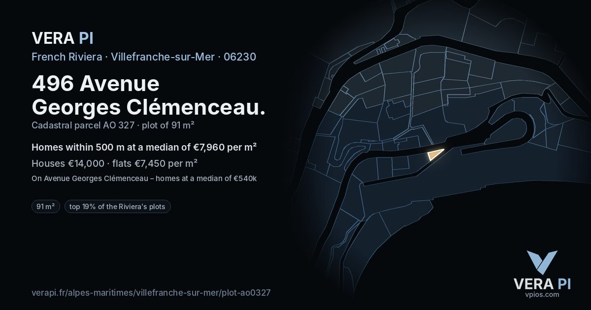 496 Avenue Georges Clémenceau, Villefranche-sur-Mer at night – the plot lit, the parcels around coloured by the prices near them