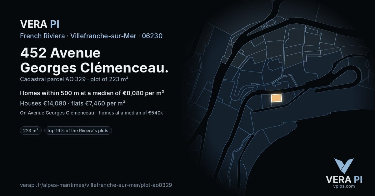 452 Avenue Georges Clémenceau, Villefranche-sur-Mer at night – the plot lit, the parcels around coloured by the prices near them