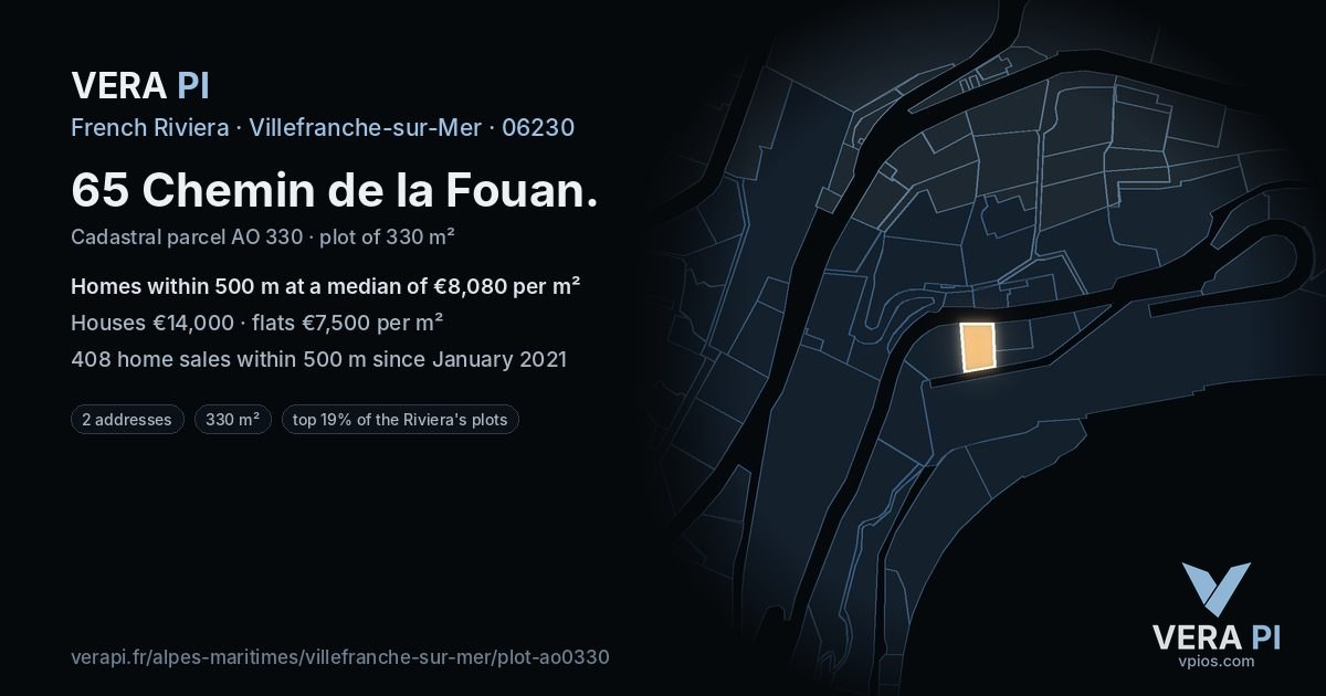 65 Chemin de la Fouan, Villefranche-sur-Mer at night – the plot lit, the parcels around coloured by the prices near them