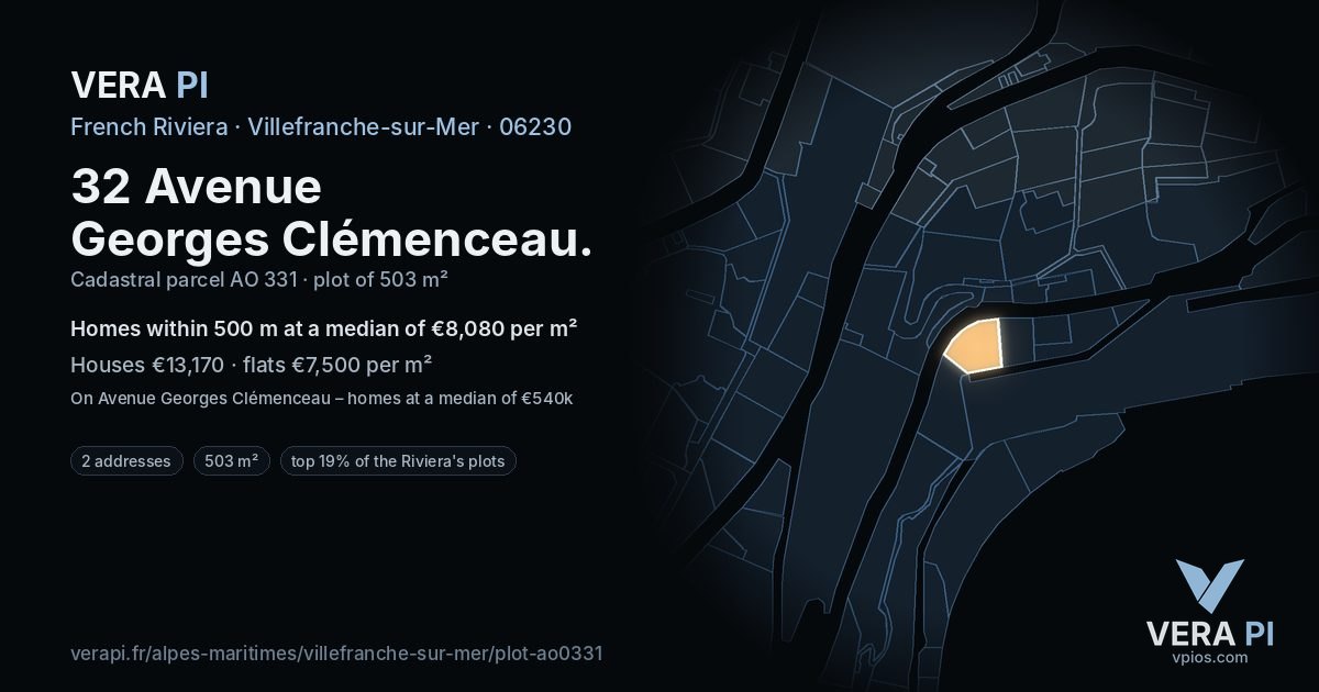 32 Avenue Georges Clémenceau, Villefranche-sur-Mer at night – the plot lit, the parcels around coloured by the prices near them