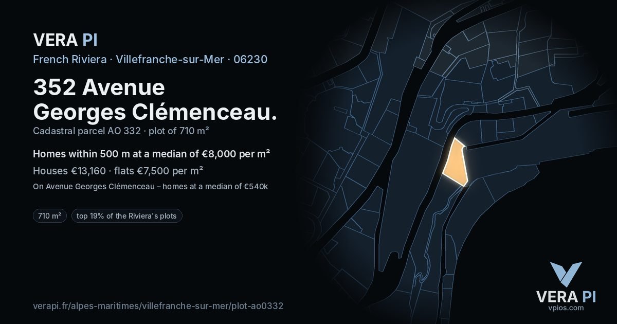352 Avenue Georges Clémenceau, Villefranche-sur-Mer at night – the plot lit, the parcels around coloured by the prices near them