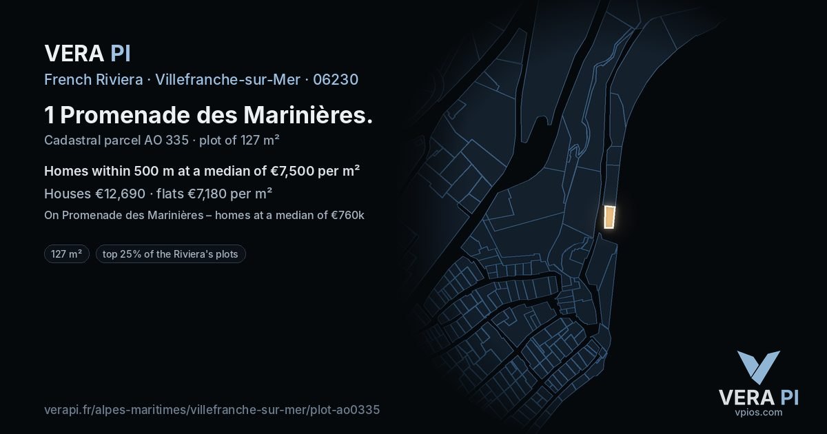 1 Promenade des Marinières, Villefranche-sur-Mer at night – the plot lit, the parcels around coloured by the prices near them