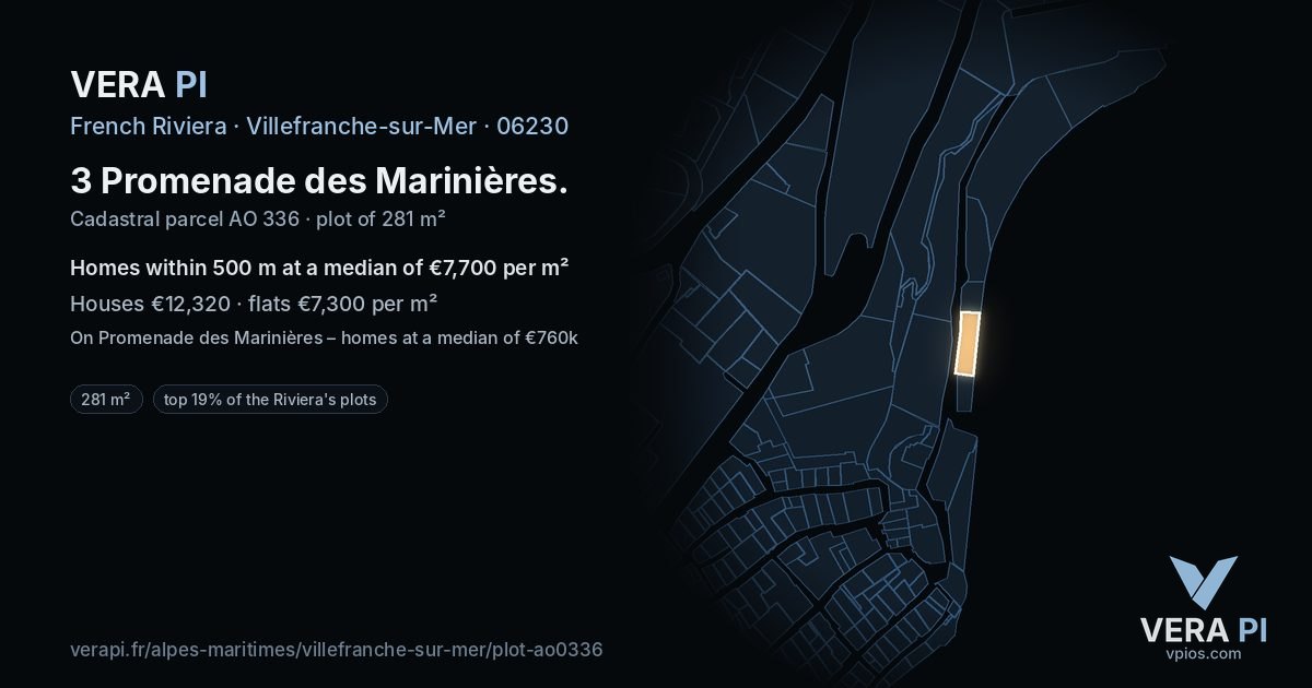 3 Promenade des Marinières, Villefranche-sur-Mer at night – the plot lit, the parcels around coloured by the prices near them