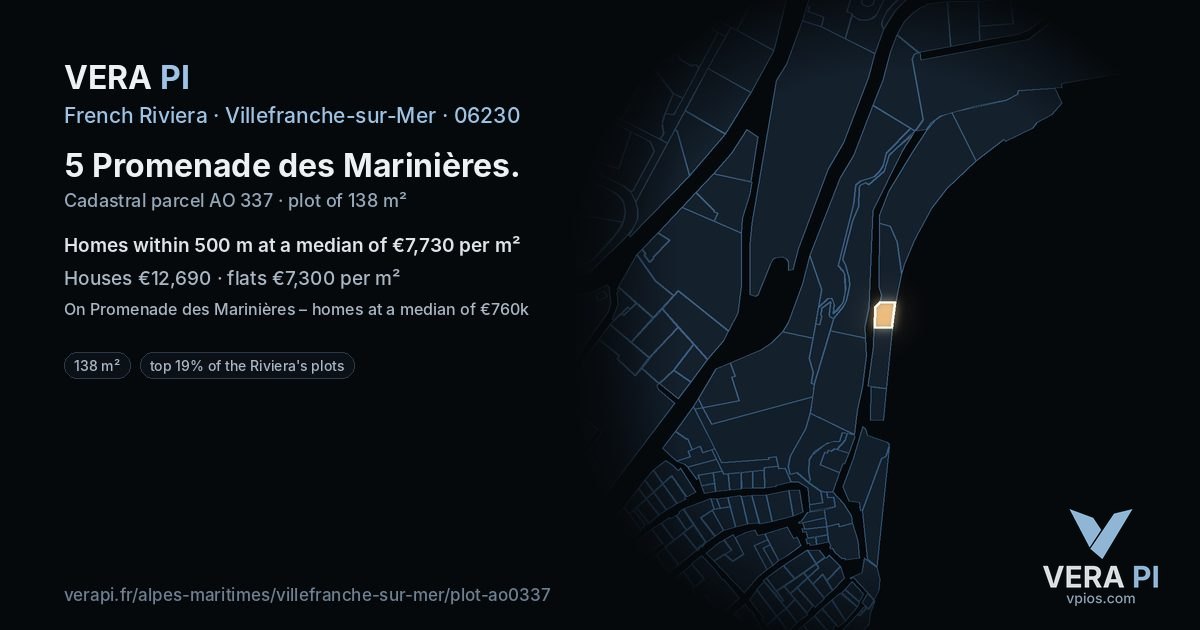 5 Promenade des Marinières, Villefranche-sur-Mer at night – the plot lit, the parcels around coloured by the prices near them