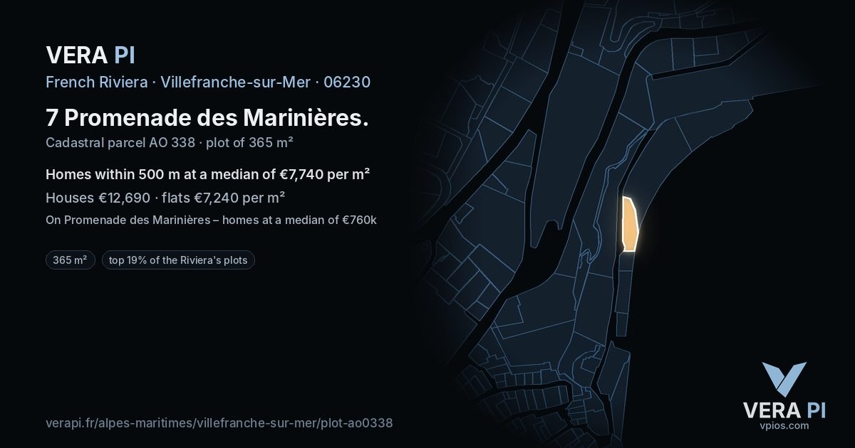 7 Promenade des Marinières, Villefranche-sur-Mer at night – the plot lit, the parcels around coloured by the prices near them