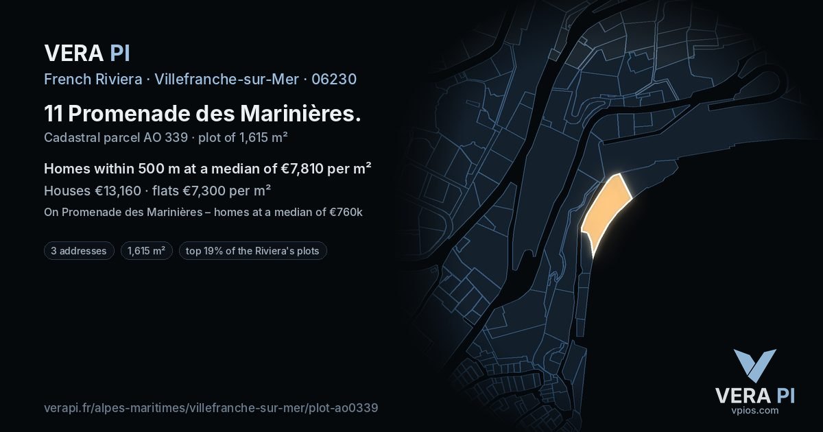 11 Promenade des Marinières, Villefranche-sur-Mer at night – the plot lit, the parcels around coloured by the prices near them