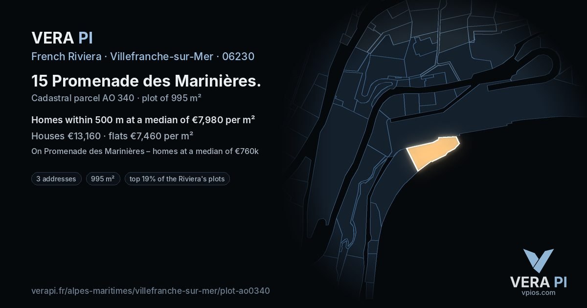 15 Promenade des Marinières, Villefranche-sur-Mer at night – the plot lit, the parcels around coloured by the prices near them