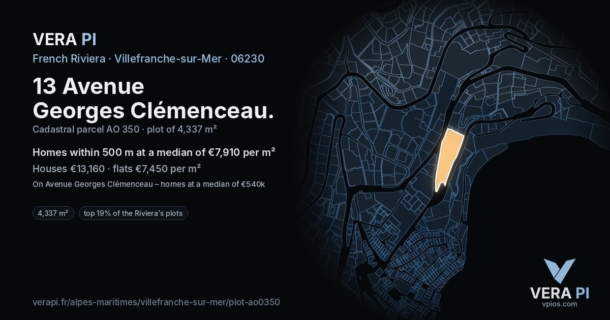 13 Avenue Georges Clémenceau, Villefranche-sur-Mer at night – the plot lit, the parcels around coloured by the prices near them