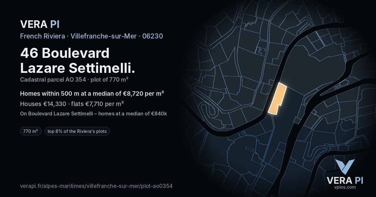 46 Boulevard Lazare Settimelli, Villefranche-sur-Mer at night – the plot lit, the parcels around coloured by the prices near them