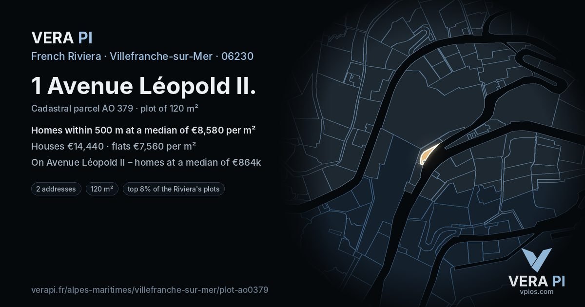 1 Avenue Léopold II, Villefranche-sur-Mer at night – the plot lit, the parcels around coloured by the prices near them