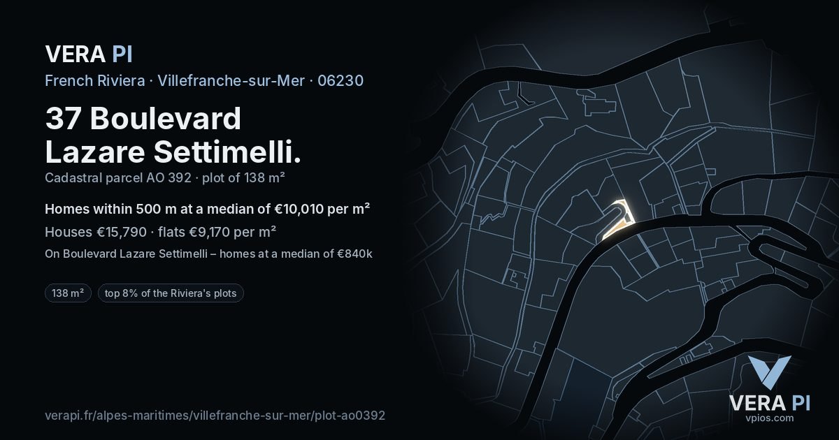 37 Boulevard Lazare Settimelli, Villefranche-sur-Mer at night – the plot lit, the parcels around coloured by the prices near them