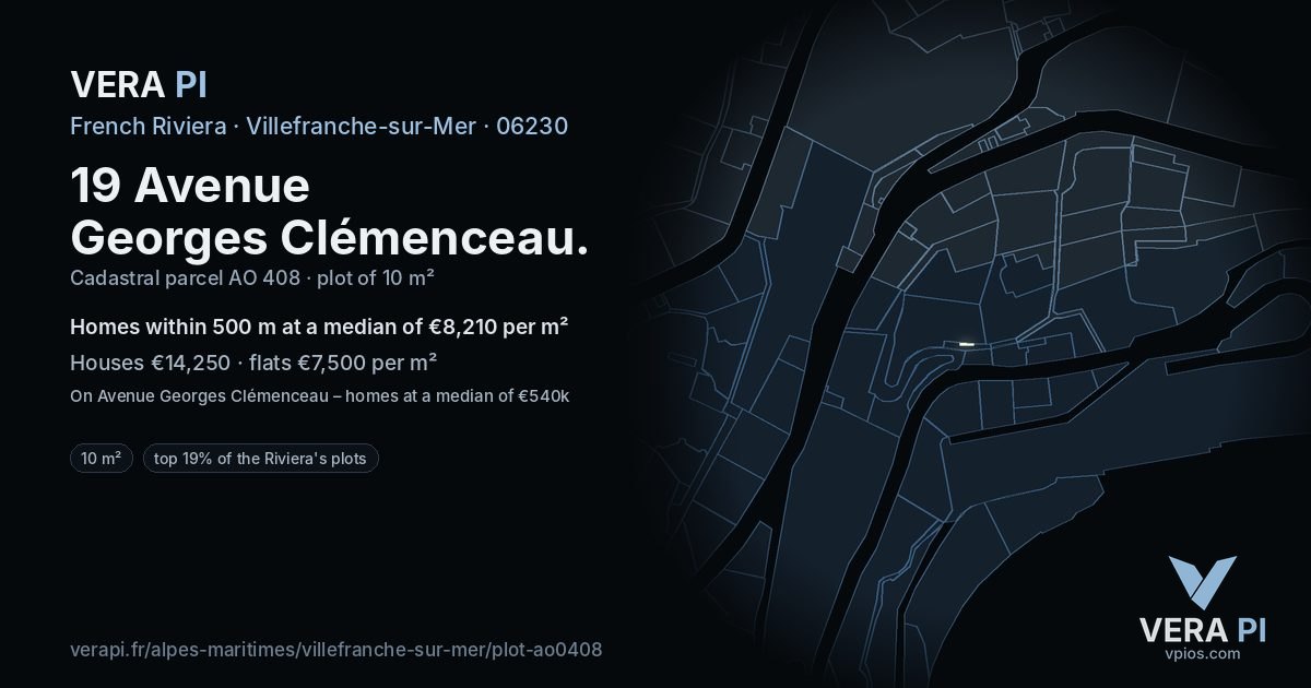 19 Avenue Georges Clémenceau, Villefranche-sur-Mer at night – the plot lit, the parcels around coloured by the prices near them