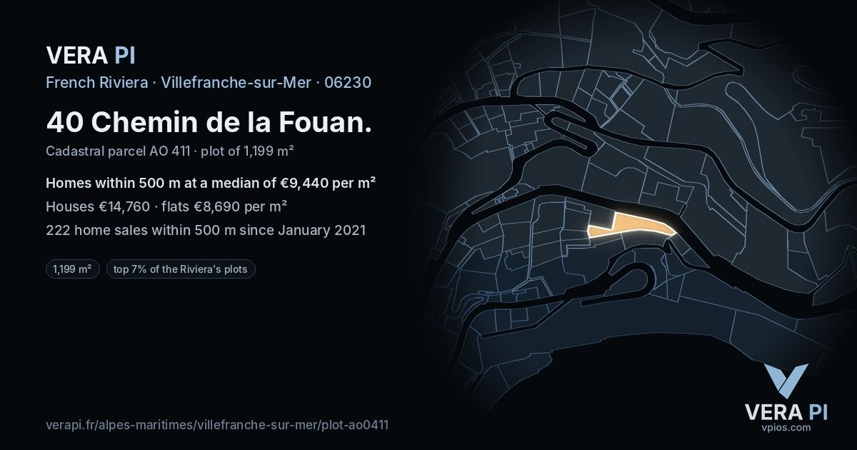 40 Chemin de la Fouan, Villefranche-sur-Mer at night – the plot lit, the parcels around coloured by the prices near them