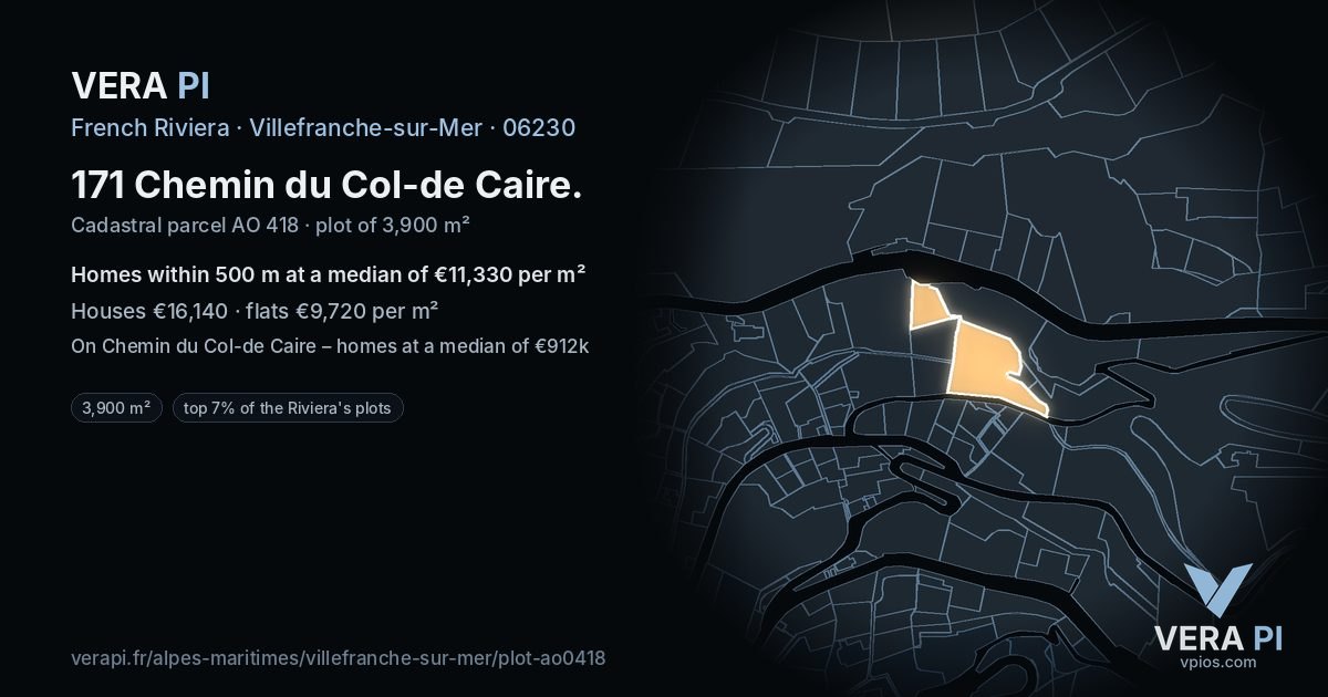 171 Chemin du Col-de Caire, Villefranche-sur-Mer at night – the plot lit, the parcels around coloured by the prices near them