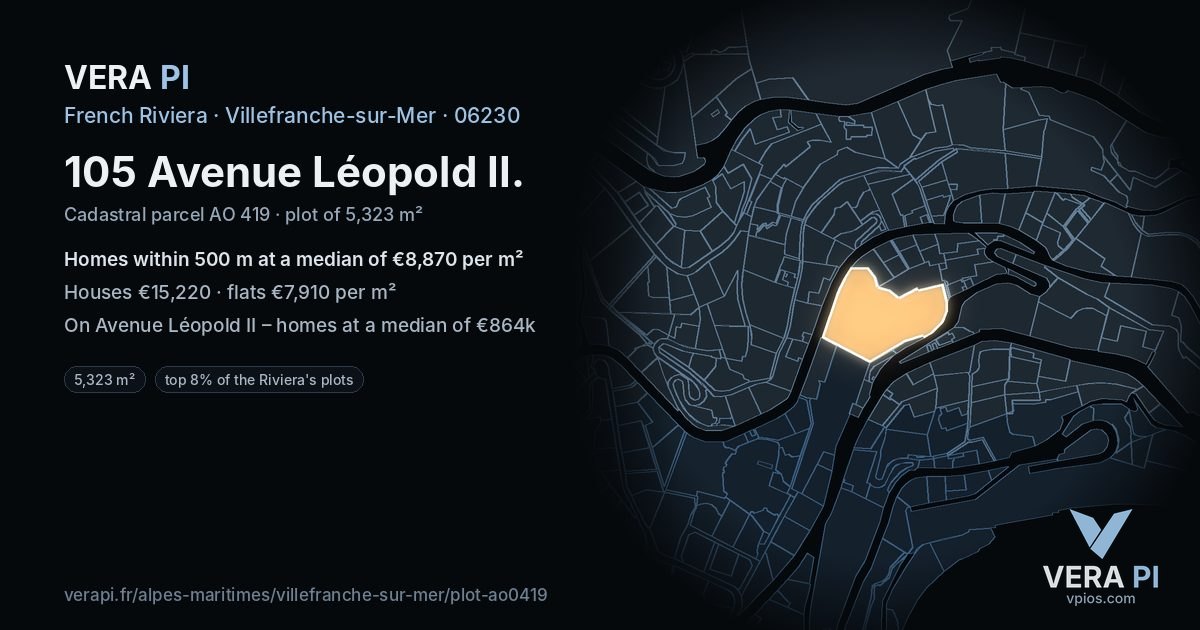 105 Avenue Léopold II, Villefranche-sur-Mer at night – the plot lit, the parcels around coloured by the prices near them