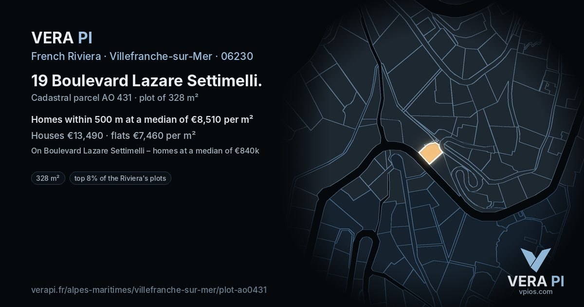 19 Boulevard Lazare Settimelli, Villefranche-sur-Mer at night – the plot lit, the parcels around coloured by the prices near them