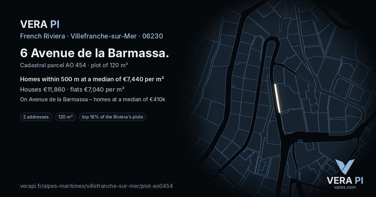 6 Avenue de la Barmassa, Villefranche-sur-Mer at night – the plot lit, the parcels around coloured by the prices near them