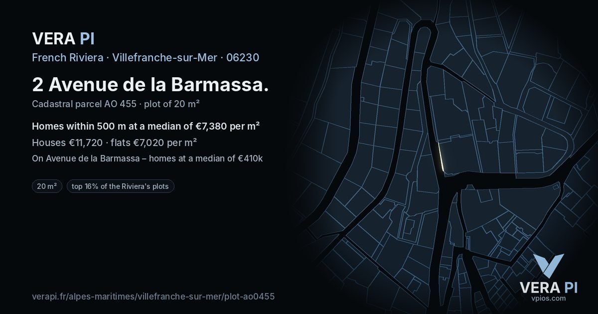 2 Avenue de la Barmassa, Villefranche-sur-Mer at night – the plot lit, the parcels around coloured by the prices near them