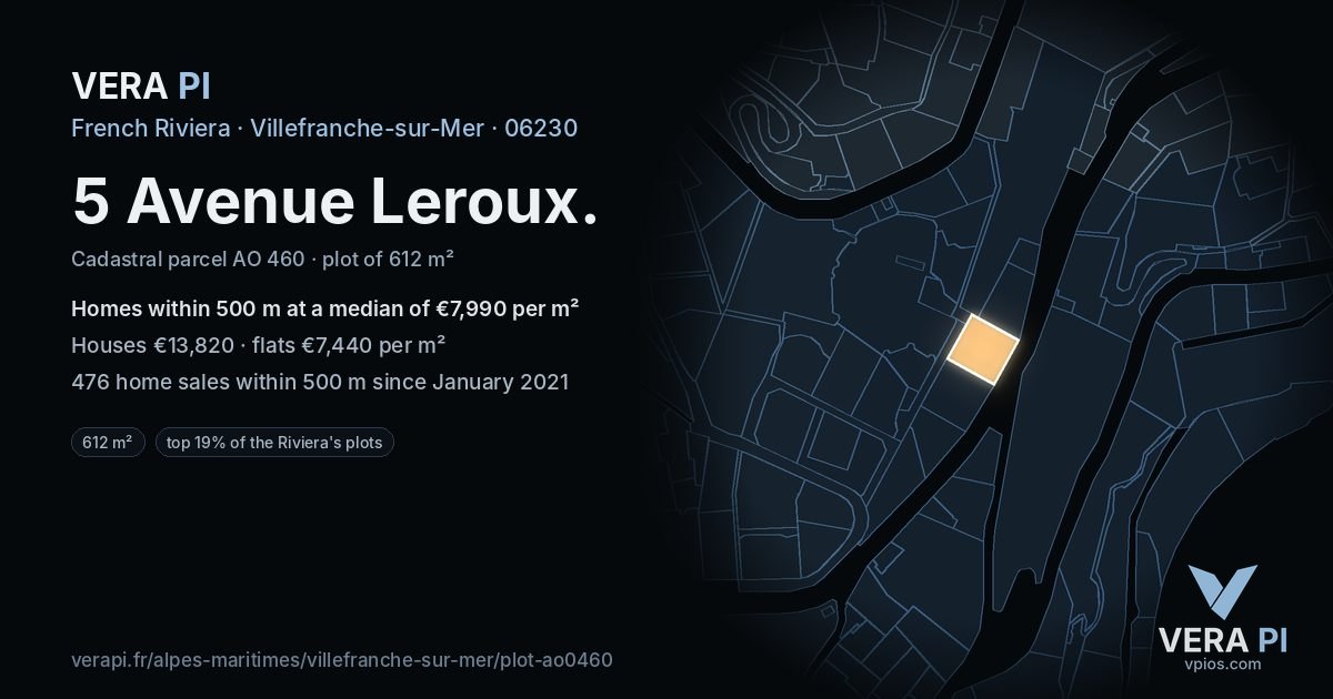 5 Avenue Leroux, Villefranche-sur-Mer at night – the plot lit, the parcels around coloured by the prices near them