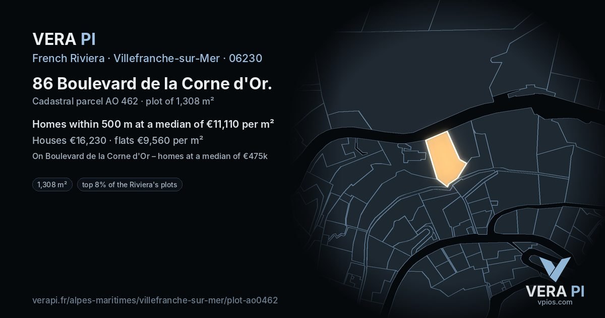 86 Boulevard de la Corne d'Or, Villefranche-sur-Mer at night – the plot lit, the parcels around coloured by the prices near them