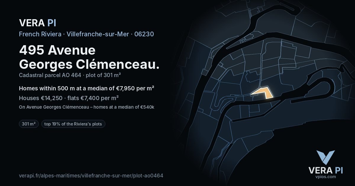 495 Avenue Georges Clémenceau, Villefranche-sur-Mer at night – the plot lit, the parcels around coloured by the prices near them