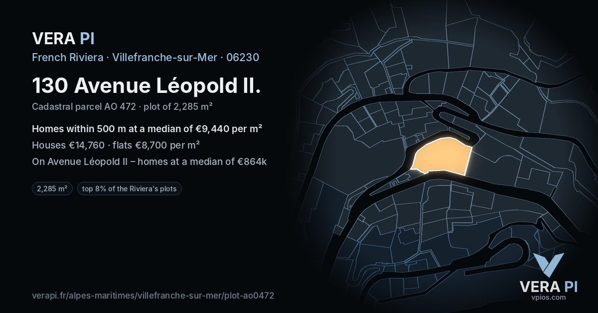 130 Avenue Léopold II, Villefranche-sur-Mer at night – the plot lit, the parcels around coloured by the prices near them